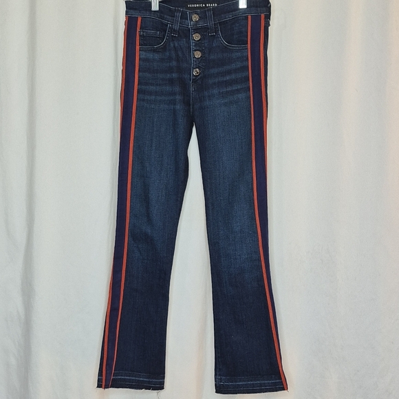 Veronica Beard Carolyn 10" Baby Boot Jeans Navy/Red Leg Stripe Released Hem - 25 - Picture 4 of 15